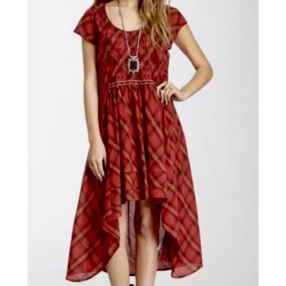 Free People Dresses & Skirts - FREE PEOPLE Women’s Red Plaid Embroidered High-low Dress size medium